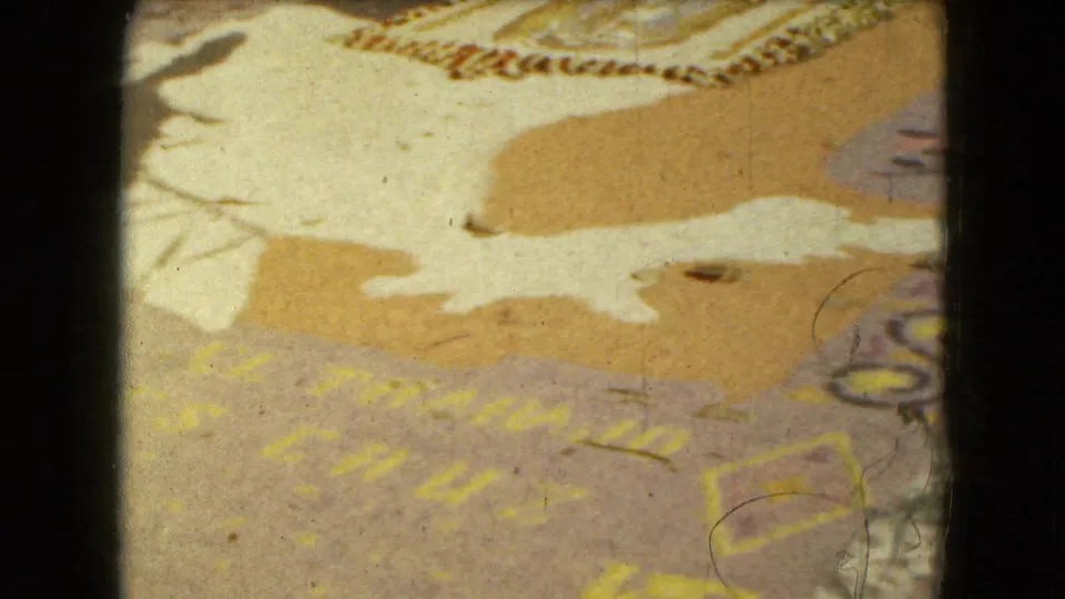 1962 Mexico City frame showing part of an ornate floral carpet or pavement art with pale tan shapes, colored borders, and faint lettering.