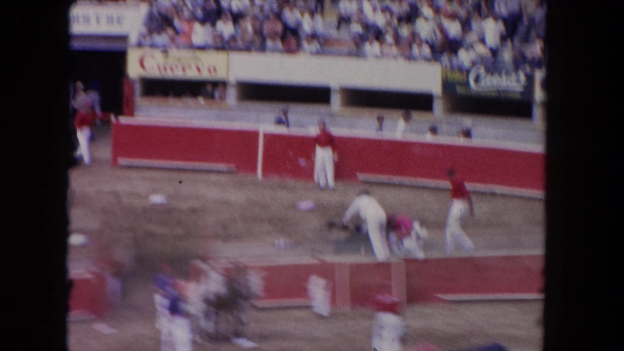 Bullfighters and attendants move around a dirt arena near a red barrier and crowded stands.