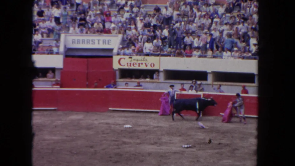 1962 Los Angeles 8mm still with matadors and a black bull moving close to the red wall below crowded stands.