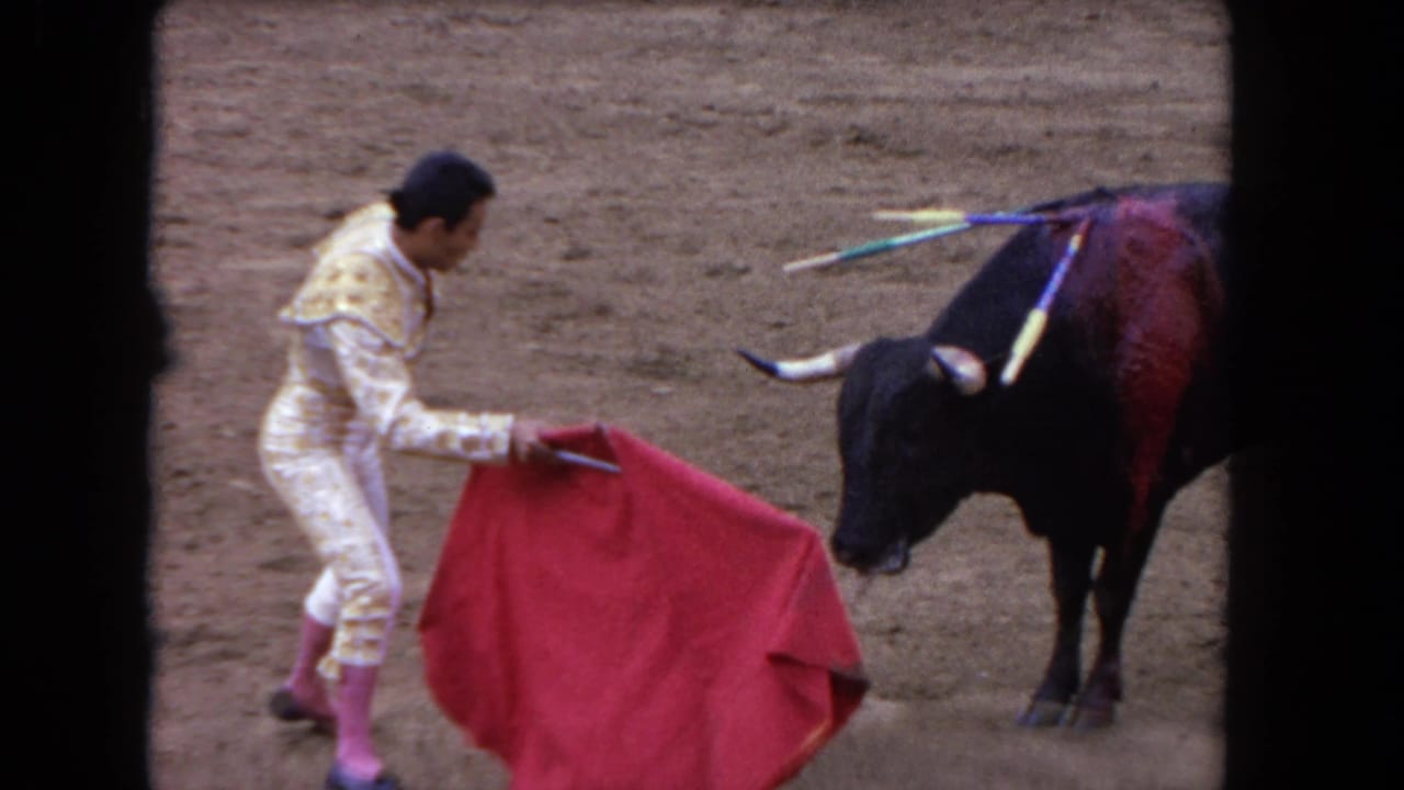 In 1962 Los Angeles footage, a matador holds a red cape toward a black bull with banderillas in a dirt bullfighting arena.