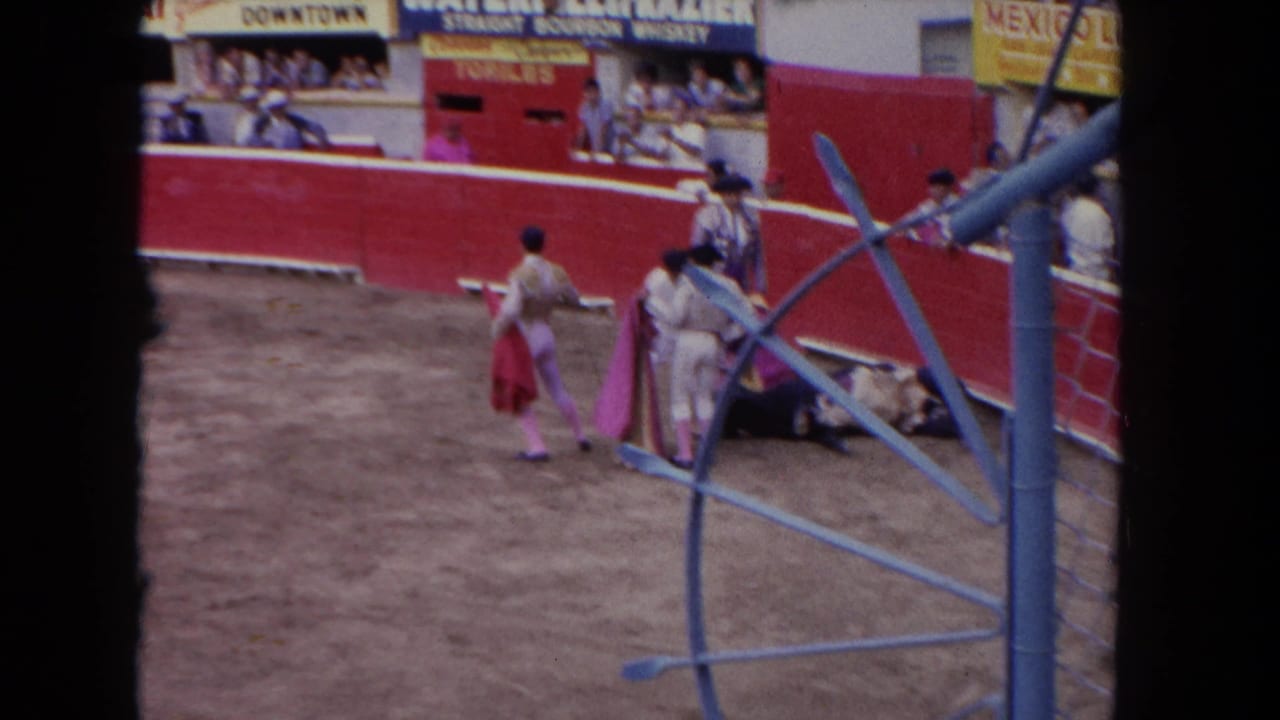 Matadors and spectators are seen across a red bullfighting arena barrier.