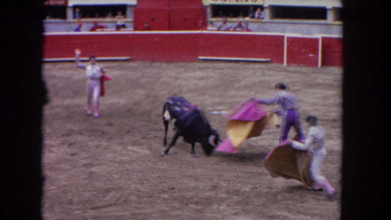 1962 Los Angeles arena frame with a black bull charging low toward a bullfighter's purple and yellow cape while other performers stand nearby.