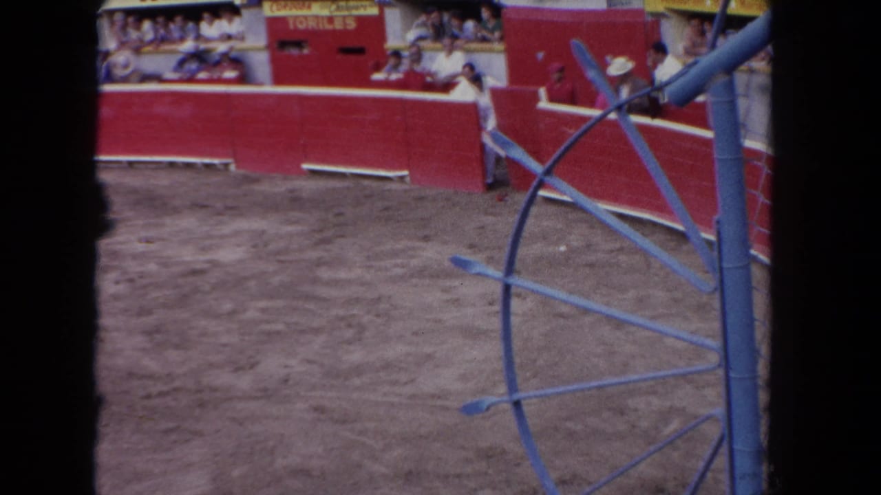 Dirt bullring with red arena walls, spectators, and blue metal rail structure in front.