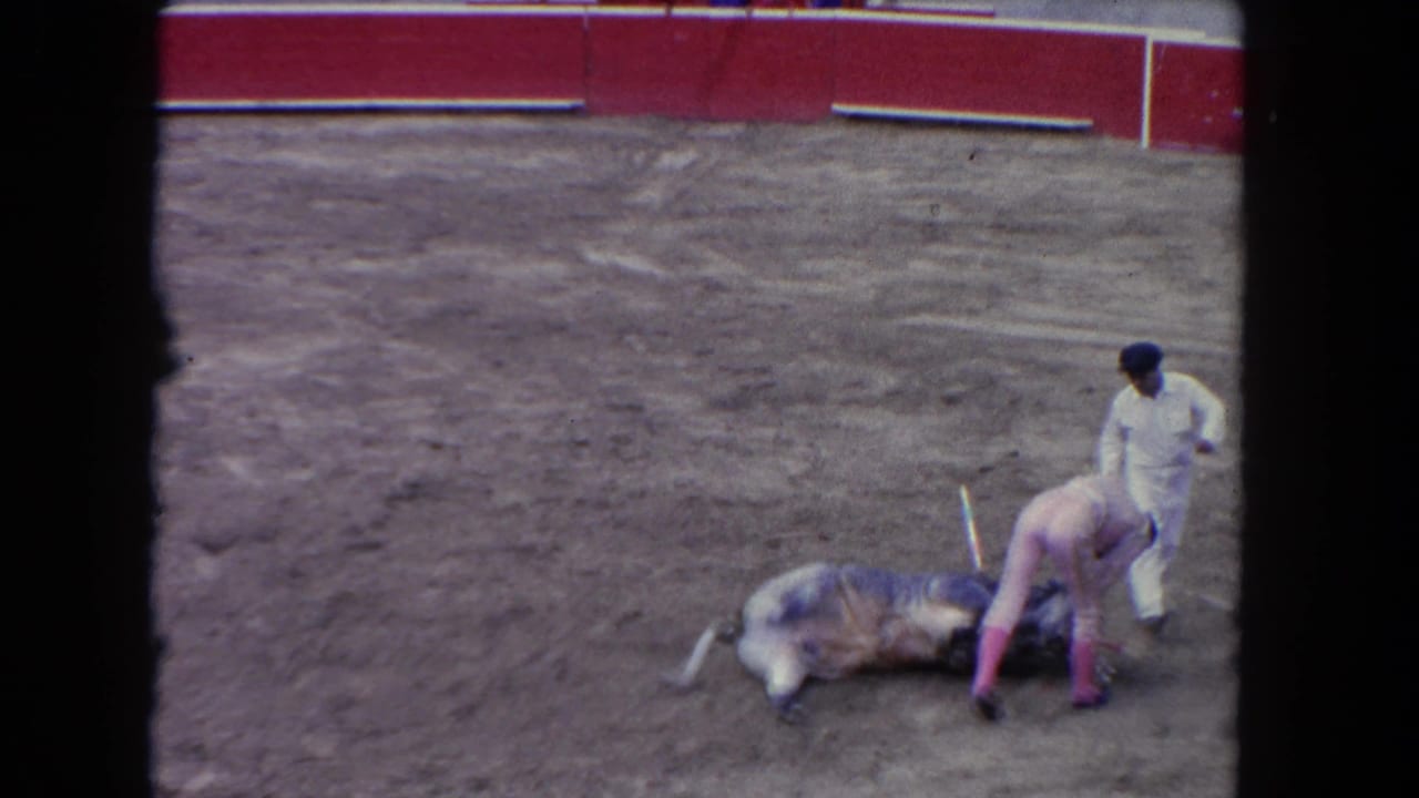 Matador stands over a motionless bull in a dusty ring beside red arena boards.