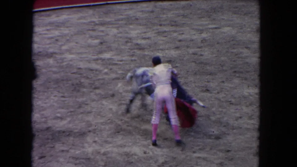 Seen from behind, the matador faces the moving gray bull with the red cape low near his legs in the dusty arena.