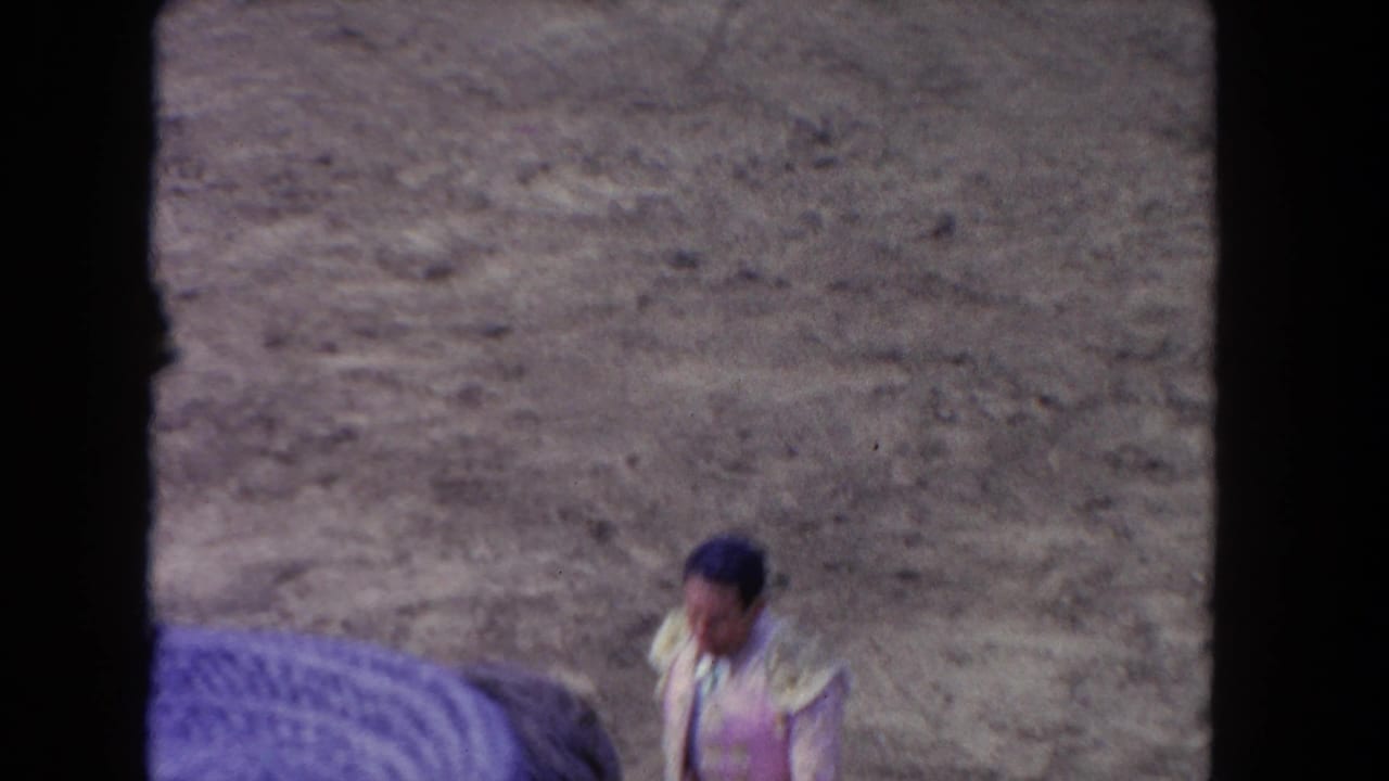 1962 Los Angeles frame with a matador-style performer near a red arena barrier and a gray bull entering the view.