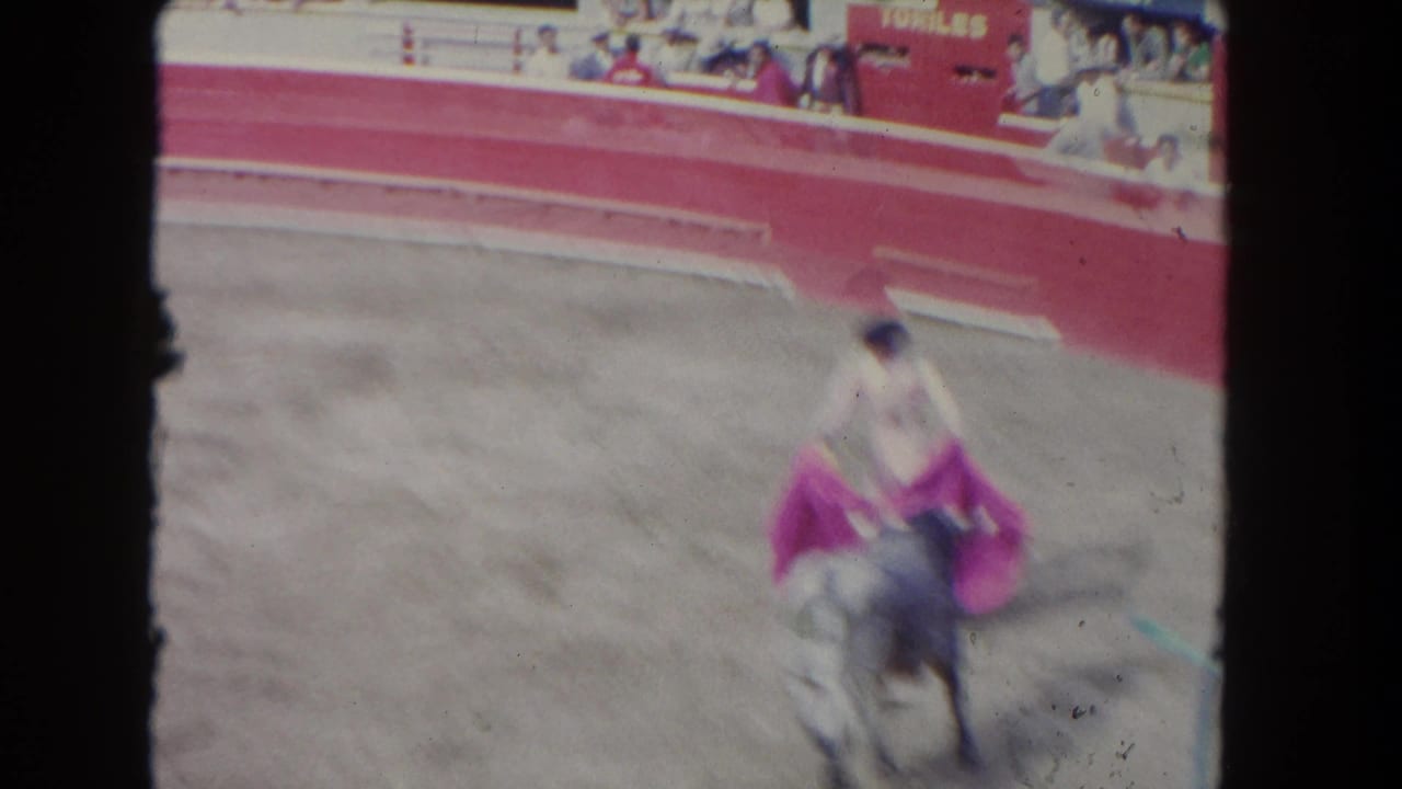 Matador with a pink cape faces a grey bull in a dusty arena.