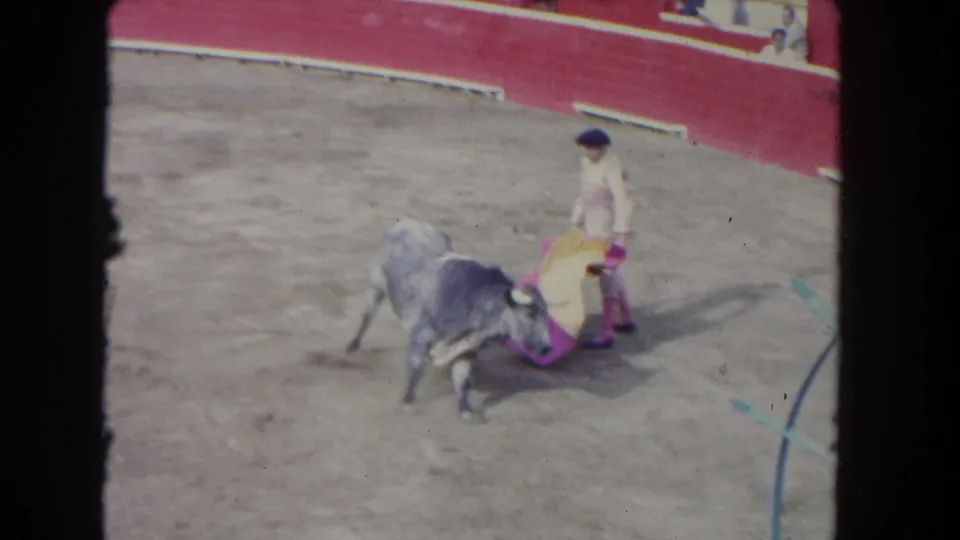 1962 Los Angeles home-movie frame with a gray bull pressing into the pink and yellow cape while the matador stands above it.
