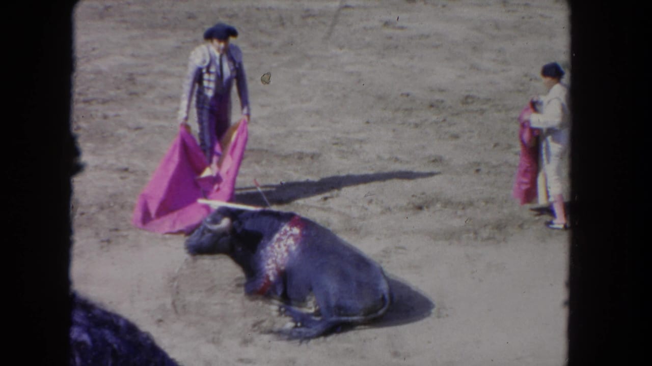 Downed bull faces a caped performer while another person stands at the right edge.
