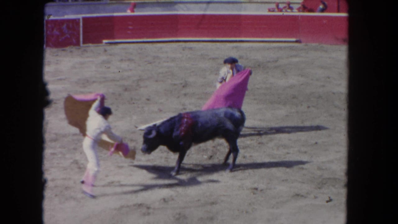 A matador steps toward a black bull while another holds a pink cape nearby.