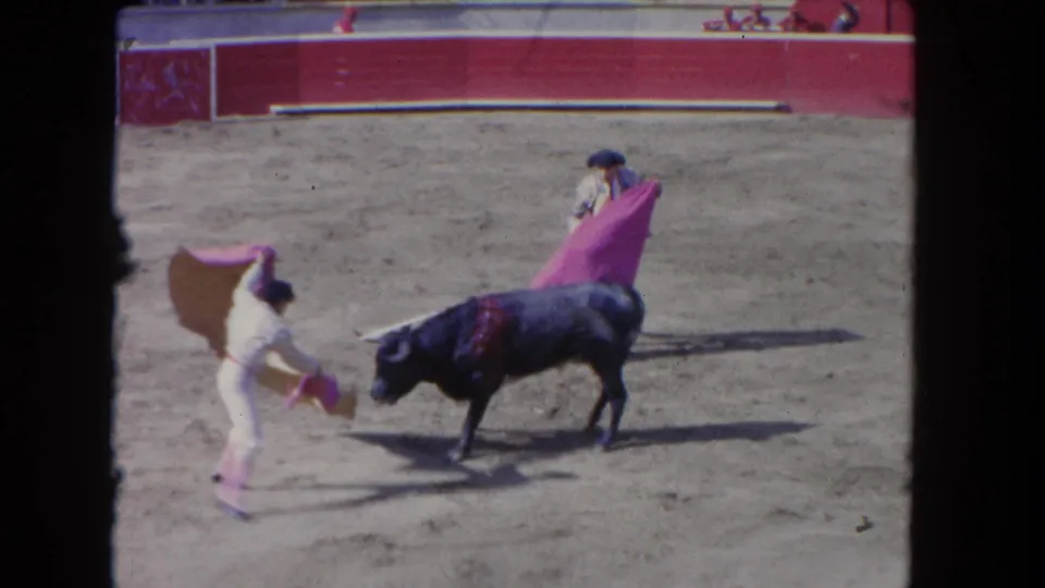 A matador approaches the bull with a cape as another matador stands back in the 1962 Los Angeles bullfighting footage.