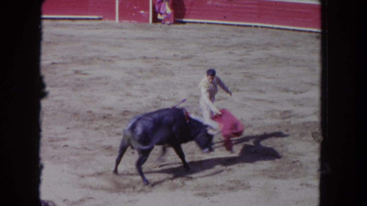 Bull charges past a matador holding a red cape in an arena.