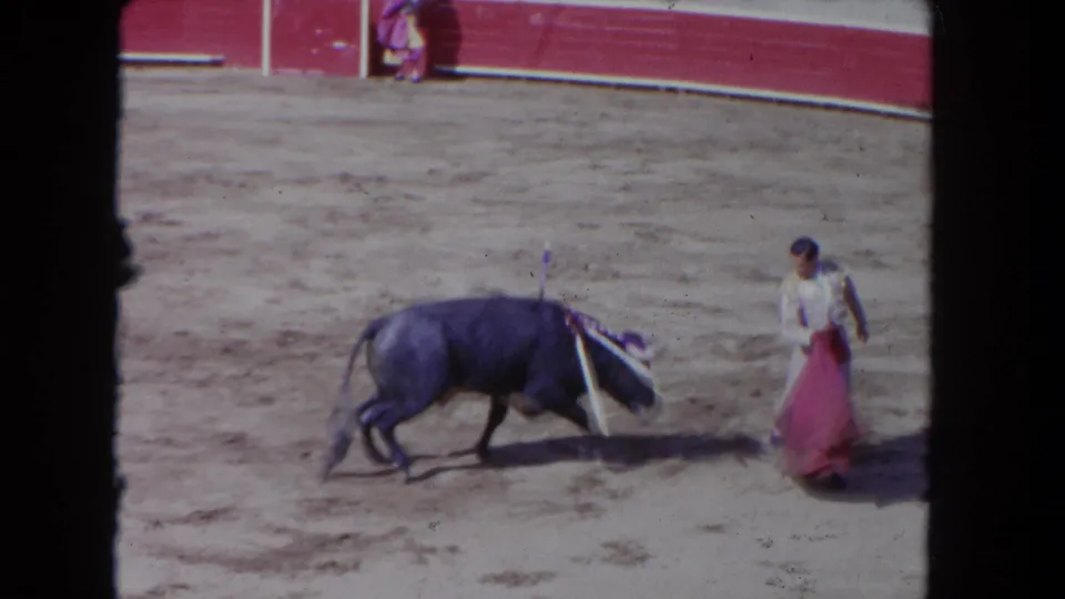 Home-movie frame from 1962 Los Angeles showing a bull approaching a matador with a red cape near the arena wall.