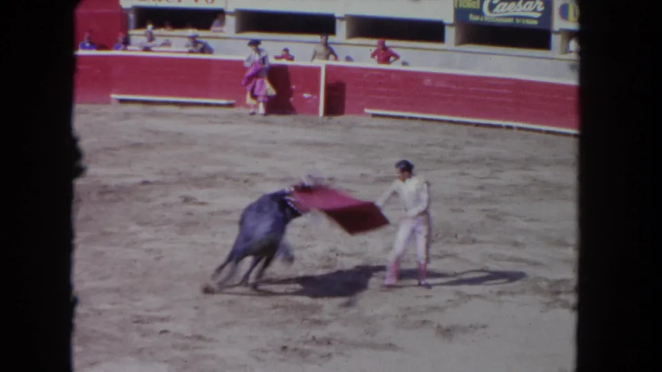 The bull lunges toward the sweeping pink cape as the matador stands to the side in a sandy arena, captured from a spectator viewpoint.
