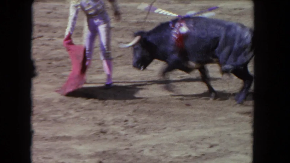 A matador in a light costume holds a red cape while the bull moves toward him in this 1962 Los Angeles home-movie frame.