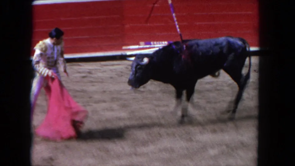 A matador in a gold-toned suit presents the red cape as the black bull approaches inside the Los Angeles bullring.
