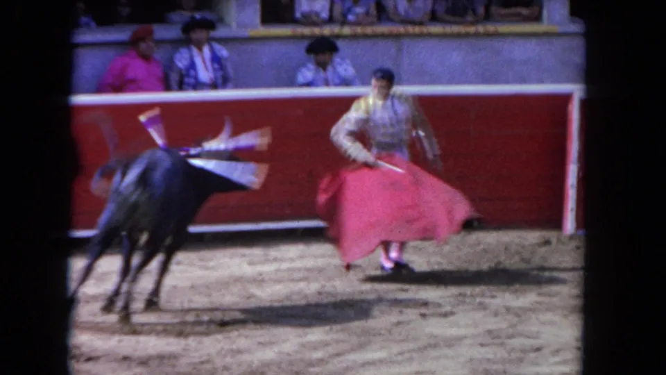 The black bull rushes past the matador's cape as the home-movie frame catches motion blur and spectators behind the barrier.