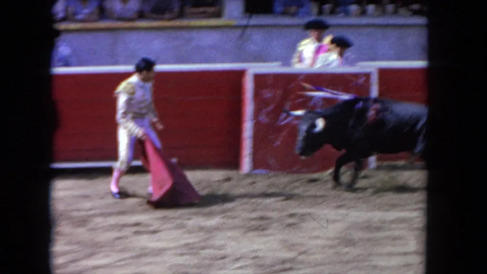 A matador pauses with the cape while the black bull moves near the red barrier, with spectators watching from the stands.