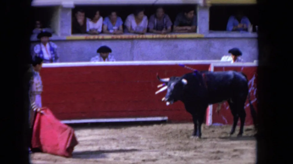 The matador waits with the pink cape at left as the black bull stands near the red arena barrier in a 1962 Los Angeles home-movie frame.