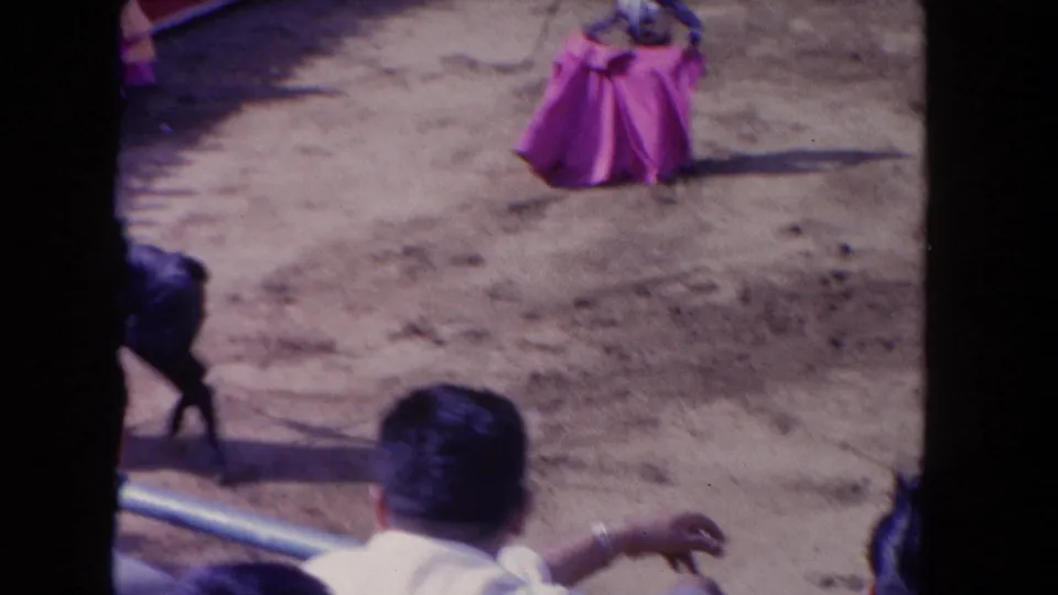 Bull approaches a matador holding a pink cape in the sandy Los Angeles arena, with spectators partly visible in front.