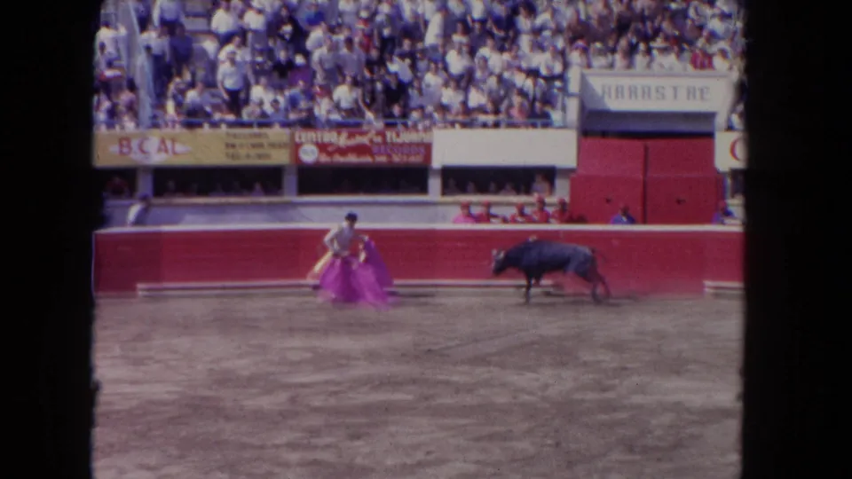 1962 Los Angeles arena frame with the matador holding a pink cape as the bull moves away before a full crowd.