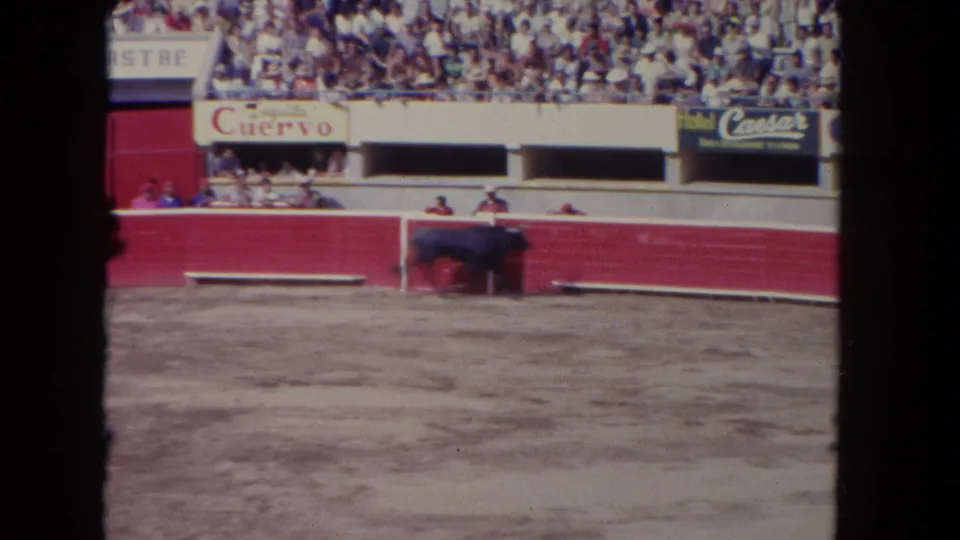1962 Los Angeles 8mm frame showing a black bull moving along a red-fenced arena as spectators watch from the stands.