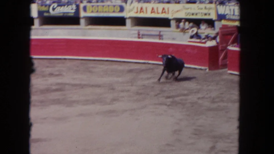 1962 Los Angeles 8mm frame showing a bull moving through the arena with advertising signage and a red barrier in the background.
