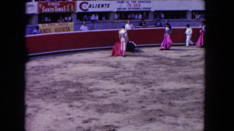 Matadors surround a black bull near a cape in the sandy Los Angeles arena, with spectators watching from the stands.