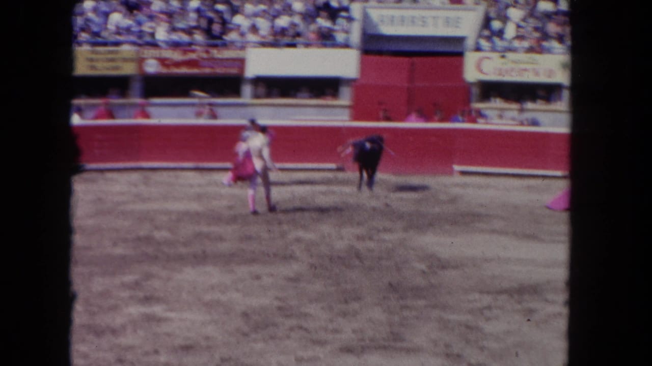 Matador with pink cape faces a black bull in a red-walled outdoor arena.