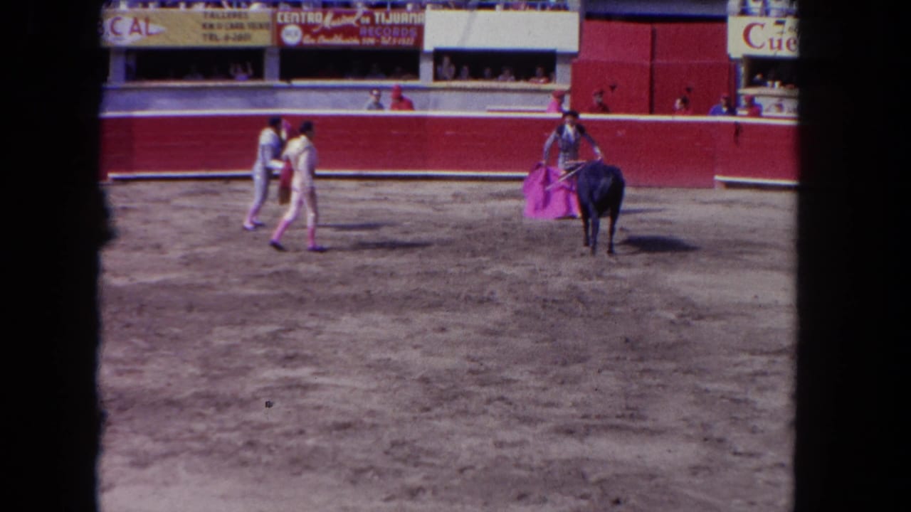 Two matadors walk near a dark bull and a pink cape in a red-walled arena.