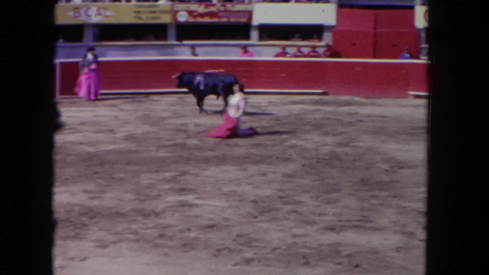 1962 Los Angeles 8mm frame with a black bull passing a kneeling matador or performer holding a pink cape in the arena.