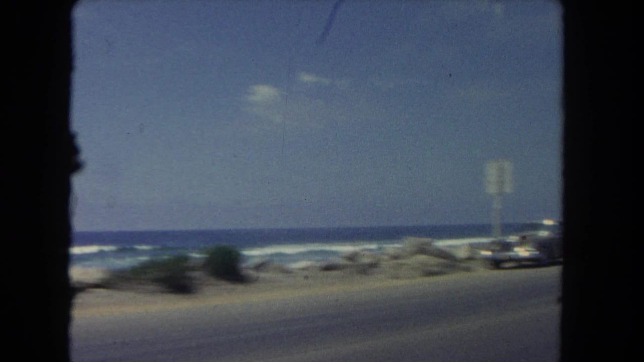 Coastal road with ocean waves and a car entering the frame in soft focus.