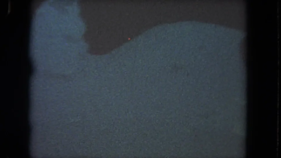 1962 8mm Los Angeles frame showing a faint large fish shape in very dim blue-green water with heavy film grain.