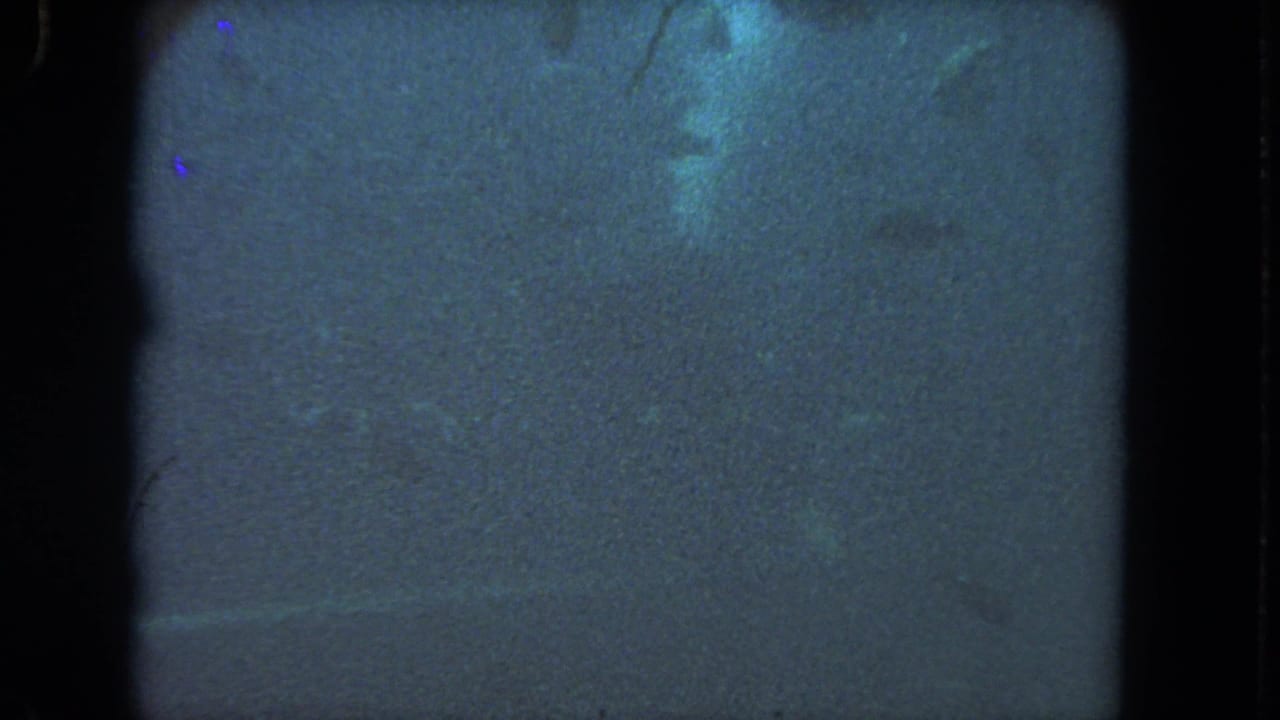 Blue-green underwater frame with dark film borders, grain, scratches, and faint suspended shapes.