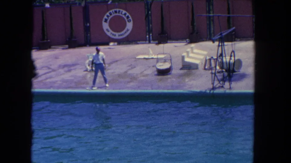 1962 Los Angeles Marineland frame showing the trainer on the poolside stage, with signage and show equipment behind him.