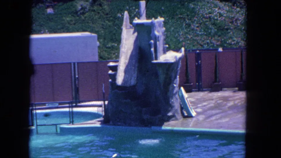 1962 Los Angeles 8mm frame showing a white-uniformed trainer near an artificial rock platform and pool during a marine animal show.