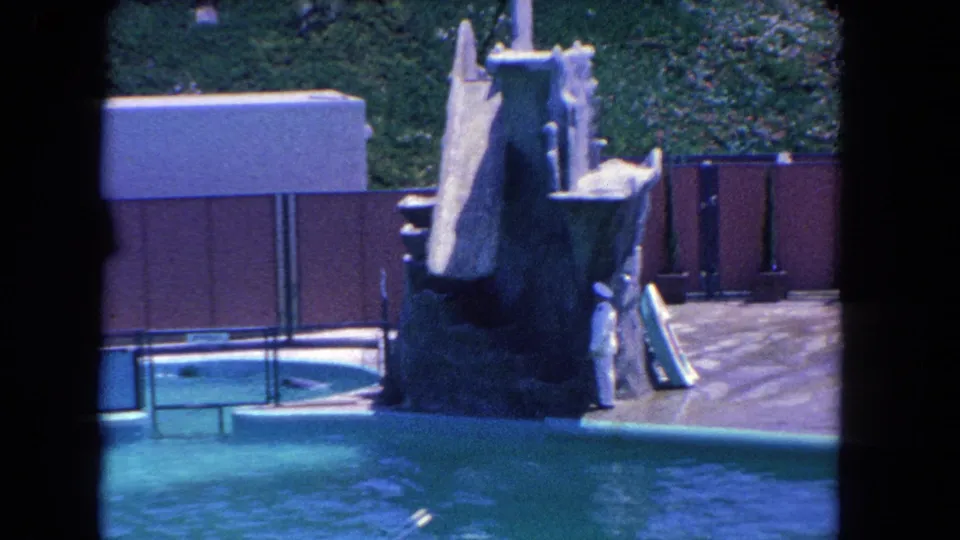 1962 Los Angeles home-movie frame of a trainer at a marine animal pool show with fencing, foliage, and a rock stage visible.