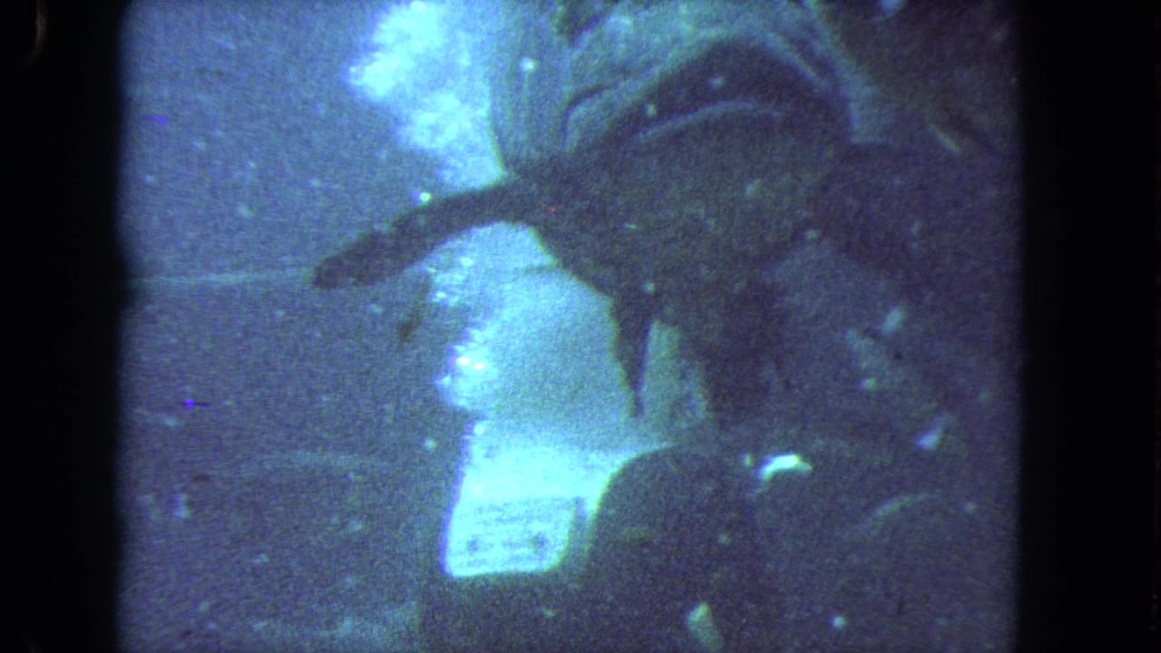 A diver in dark gear appears underwater in 1962 Los Angeles footage, with bubbles and fish in murky blue water.