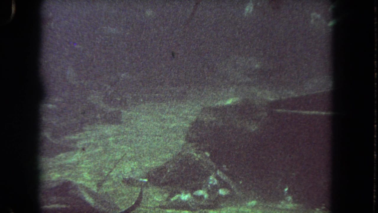 1962 Los Angeles underwater home-movie frame with a fish partly obscured by grain, low light, and suspended murk.