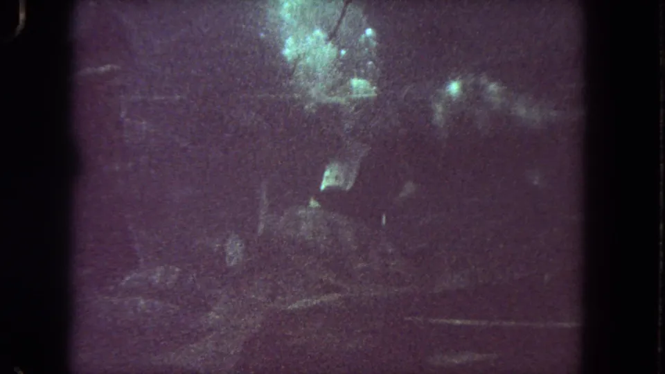 1962 Los Angeles-area 8mm underwater view where a scuba diver shape appears amid small fish and heavy grain.