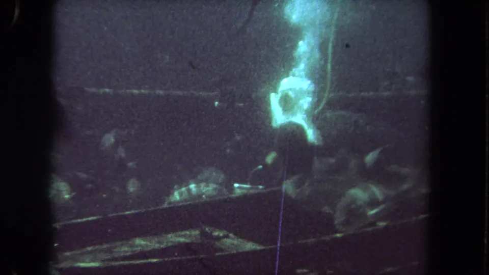 1962 Los Angeles aquarium footage frame with a diver partly obscured by water, fish, and a bright trail of bubbles.