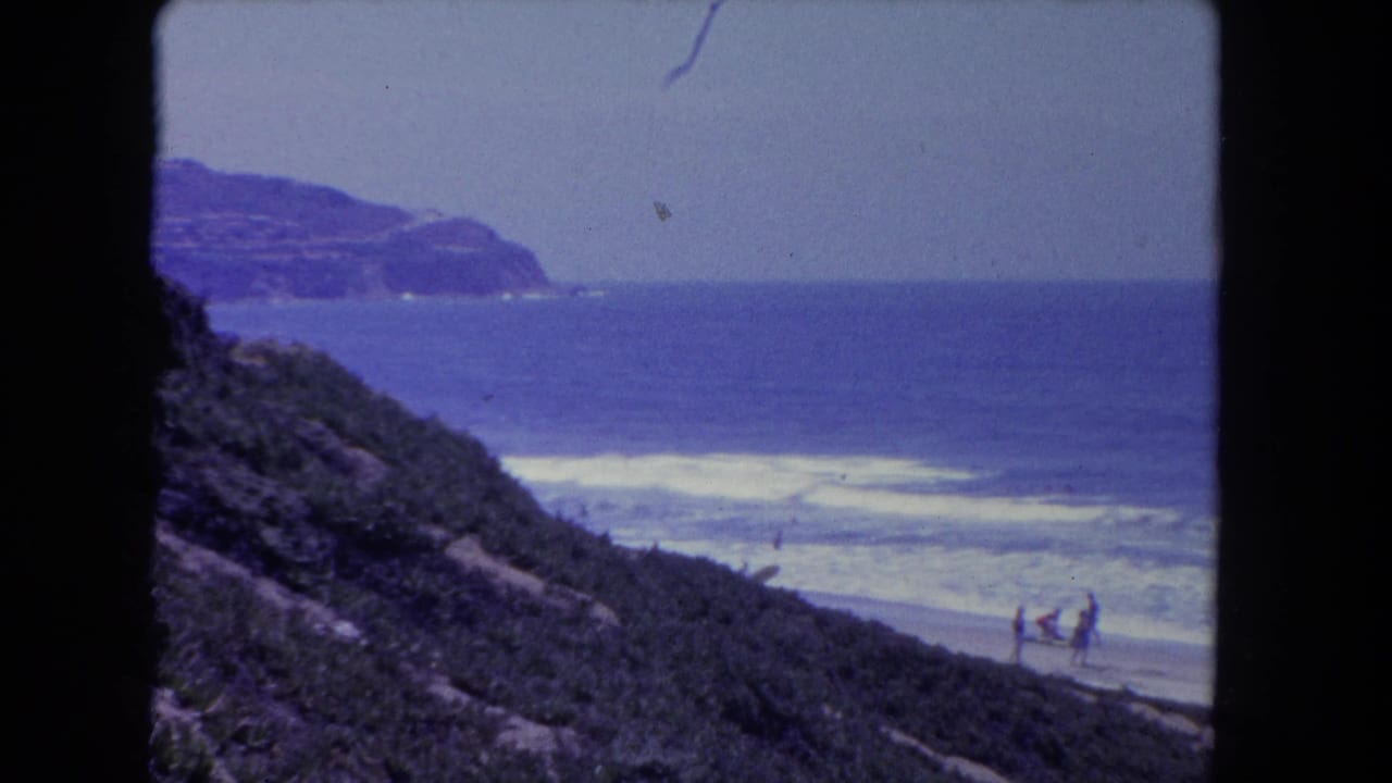 Elevated 8mm coastal shot circa 1962, Southern California — vegetated rocky slope, breaking waves, distant rocky point, small groups on beach.