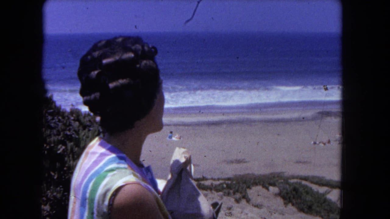 Woman in striped sleeveless top, seen from behind, looking out over a broad sandy beach and ocean.