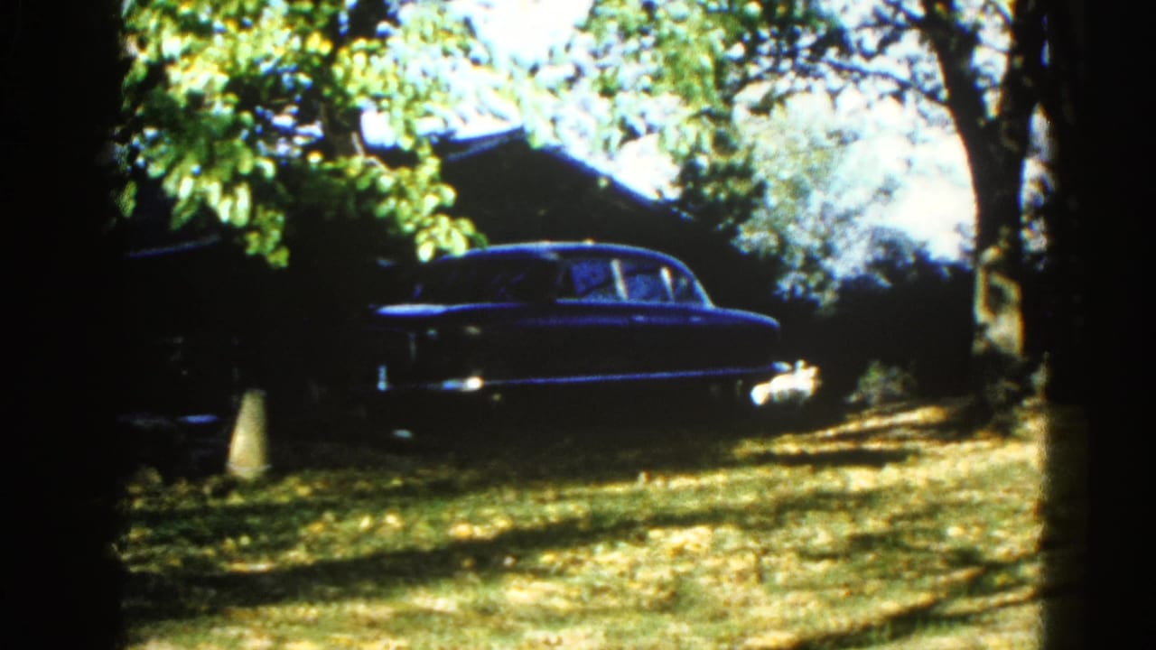 Mid-century dark-blue sedan in suburban yard, leafy tree canopy overhead, background house structure partially visible.