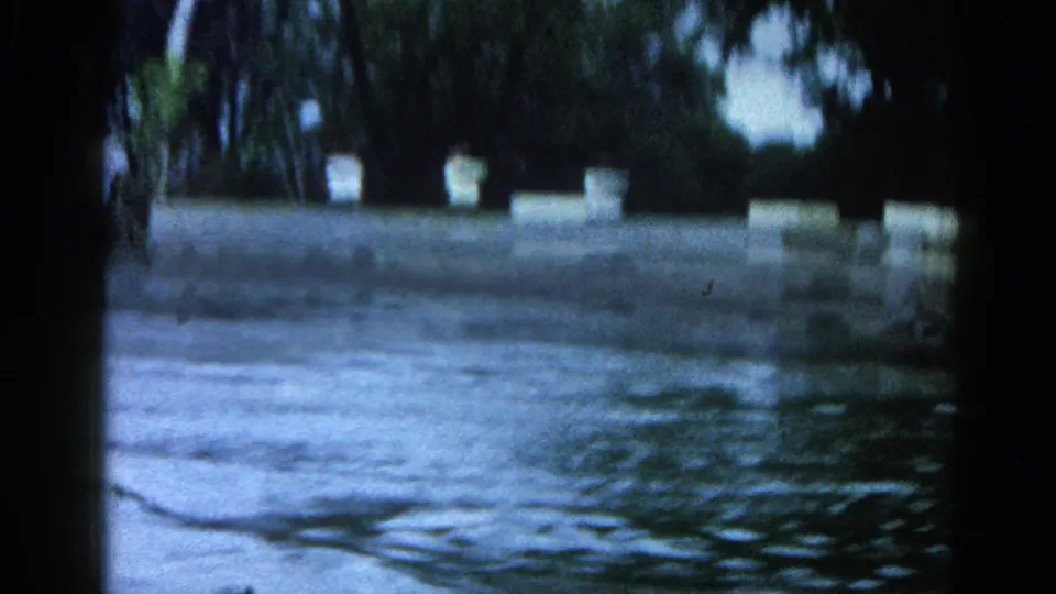 8mm home-movie frame, Illinois 1962: lake water foreground, concrete dock with multiple white bollards, and dense tree line behind.