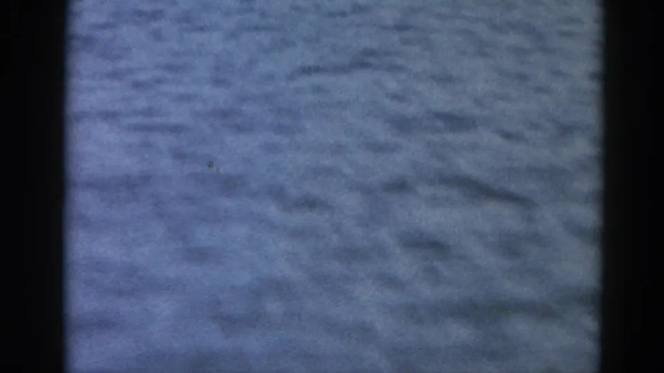 Final 8mm frame from a 1962 Illinois river outing showing a close-up of textured water surface suitable as a dissolve or transition point.