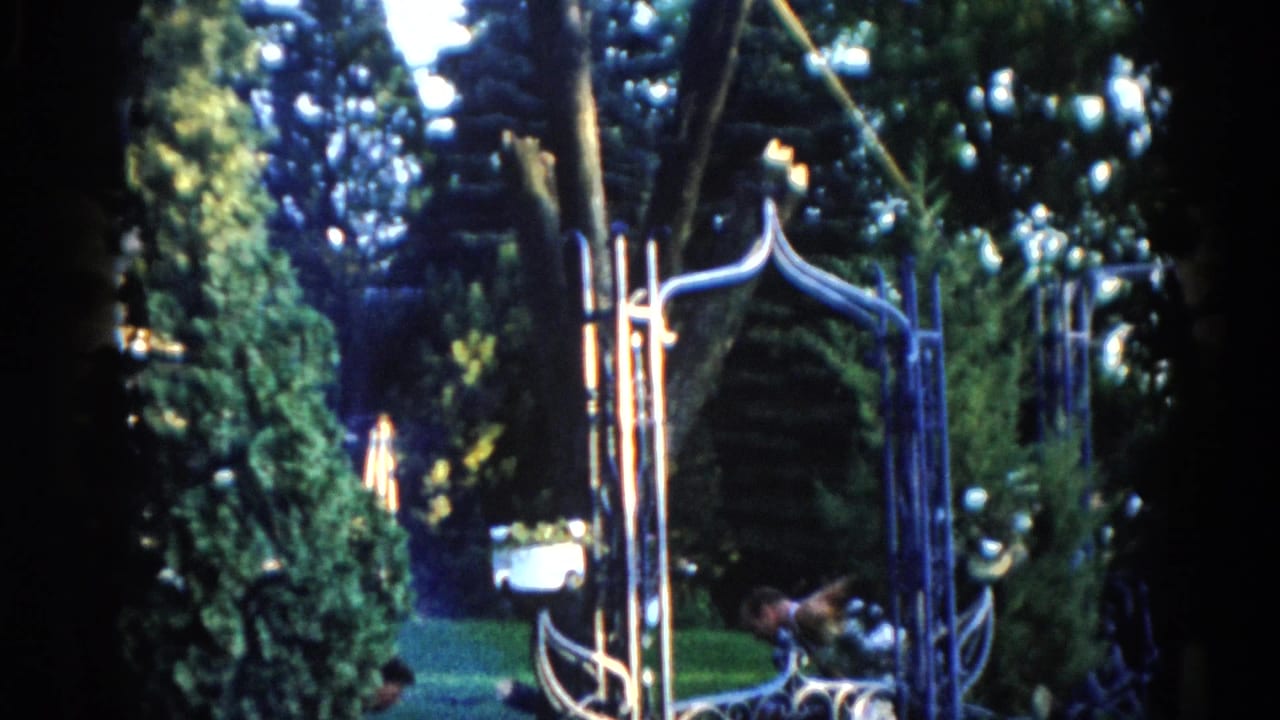Ornate wrought-iron garden gate in foreground with dense evergreen hedges and mature trees visible in the backyard beyond.