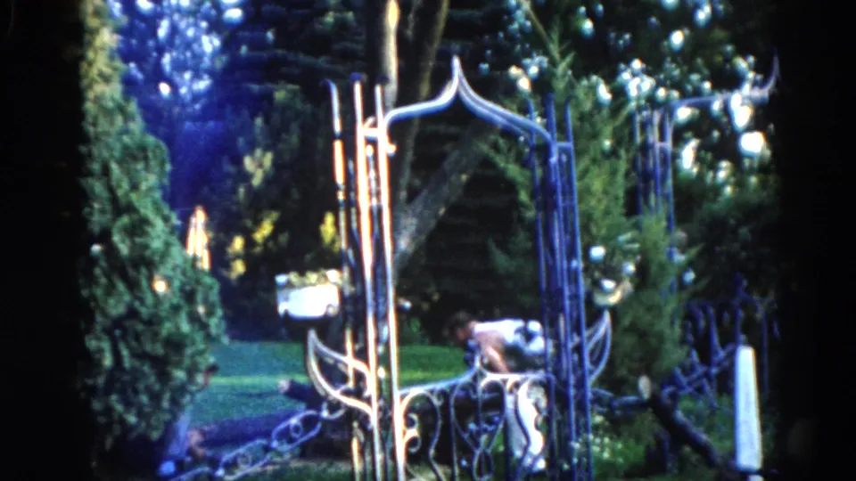 Wrought-iron gate framing a sunlit backyard with an adult figure in the middle distance, from a 1962 Illinois 8mm home movie.
