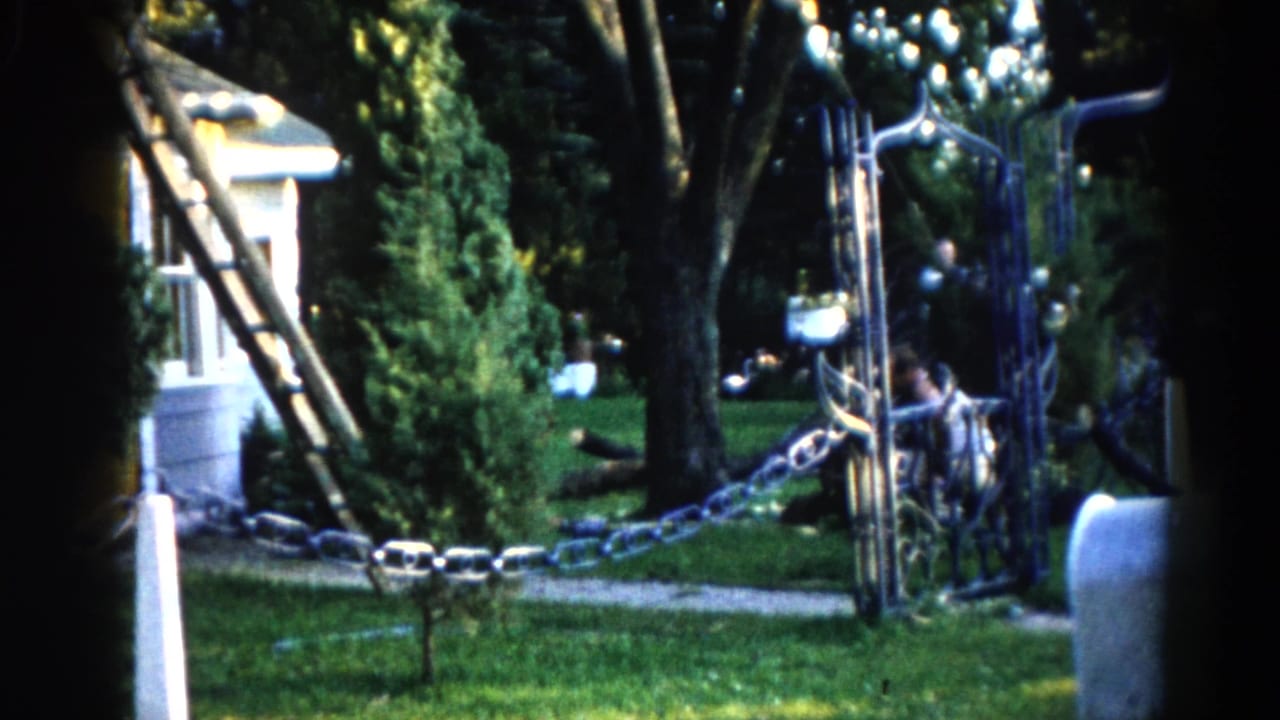 Suburban yard with low chain fence in foreground; figures visible near large tree and house in background.