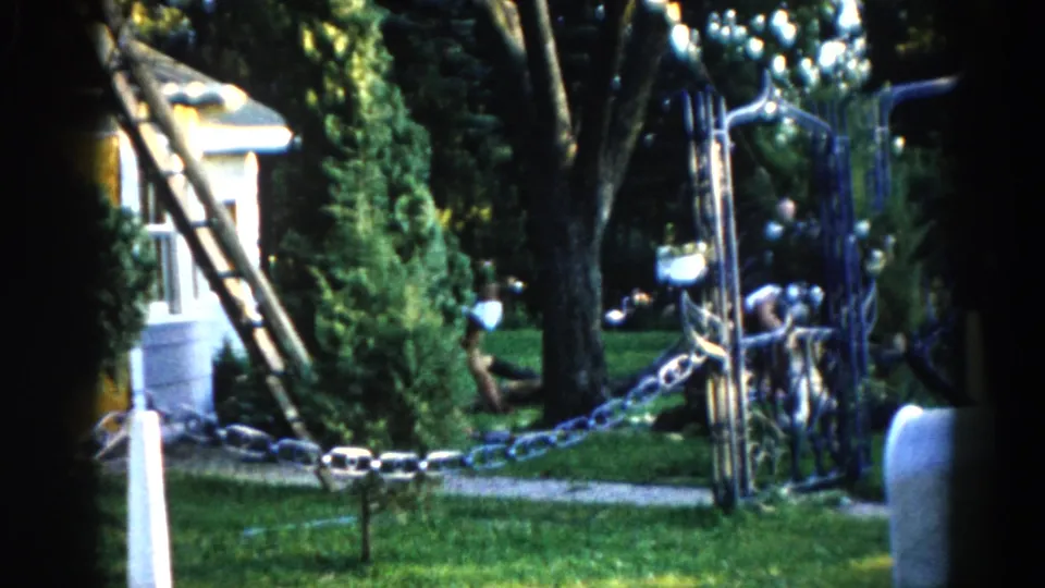Man working near base of a large tree, c. 1962 Illinois — ornate wrought-iron gate in foreground, ladder and suburban house visible behind.